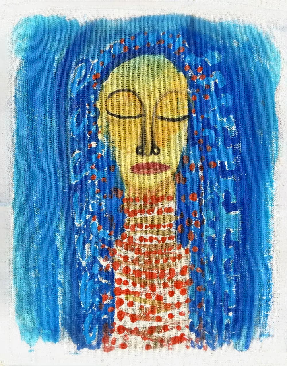 Pintura de una diosa azul con los ojos cerrados