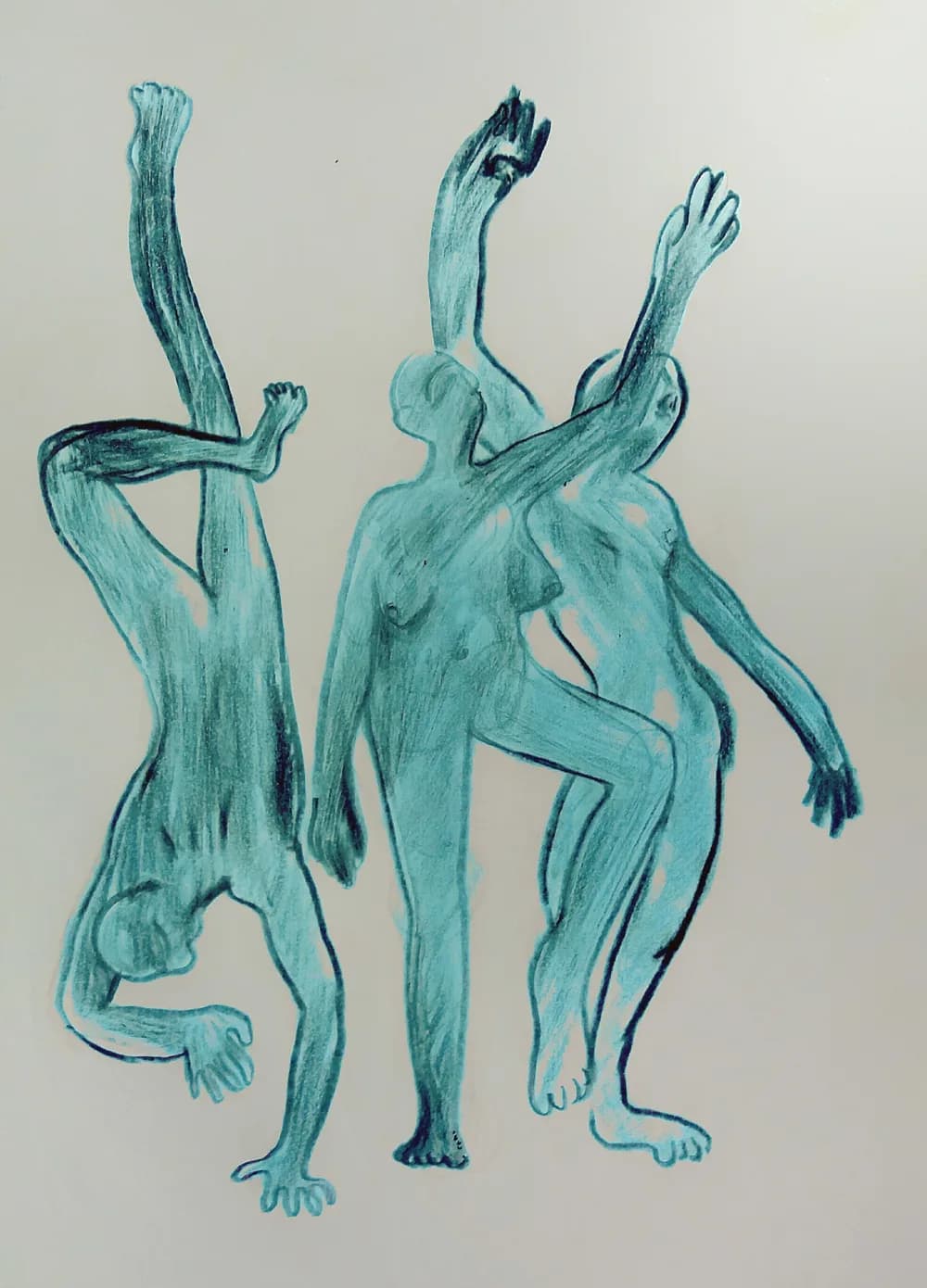 Pintura de tres bailarines en verde azulado