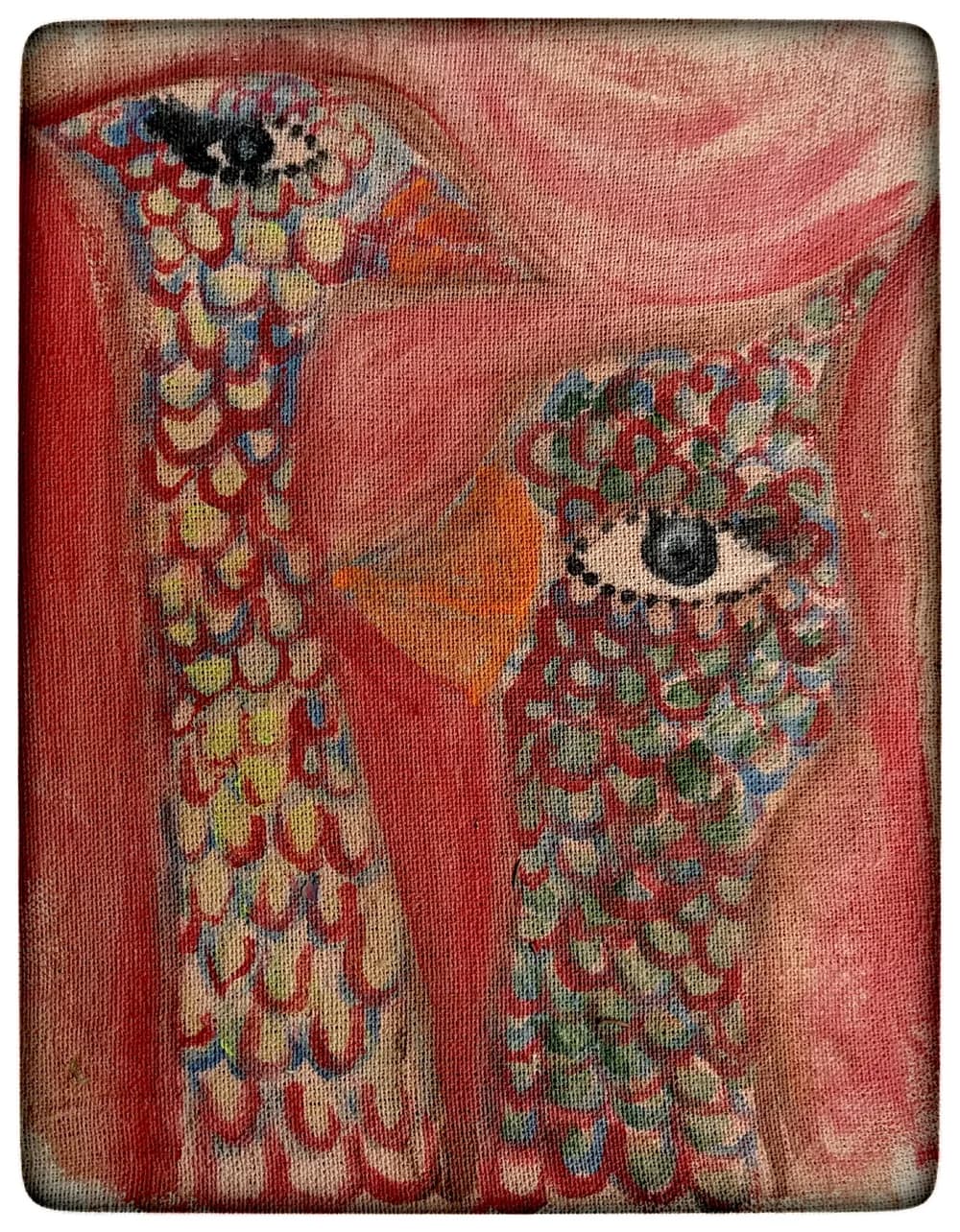 Pintura de dos pájaros en rojo y rosa